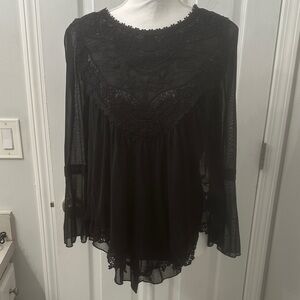 Black Lace Yoke Sheer Peasant Blouse - Women
